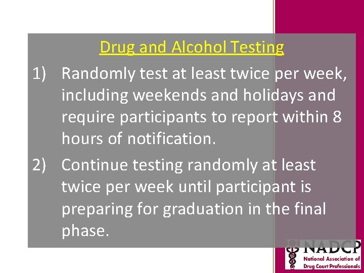 Drug and Alcohol Testing 1) Randomly test at least twice per week, including weekends