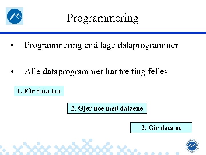 Programmering • Programmering er å lage dataprogrammer • Alle dataprogrammer har tre ting felles:
