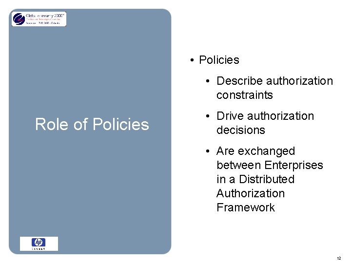  • Policies • Describe authorization constraints Role of Policies • Drive authorization decisions