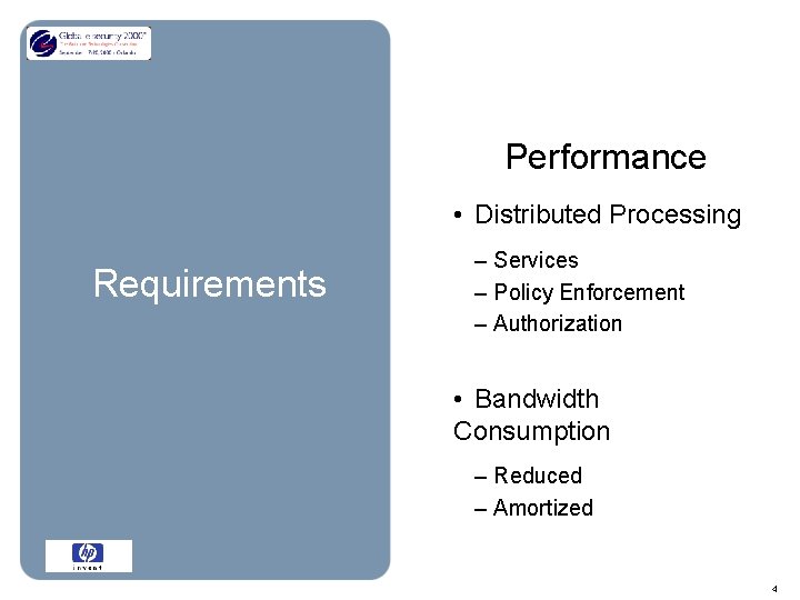 Performance • Distributed Processing Requirements – Services – Policy Enforcement – Authorization • Bandwidth
