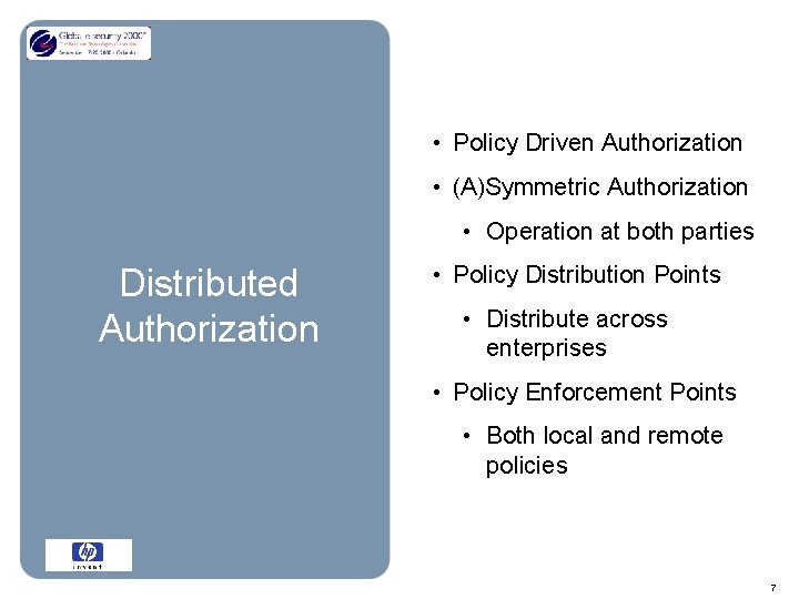  • Policy Driven Authorization • (A)Symmetric Authorization • Operation at both parties Distributed