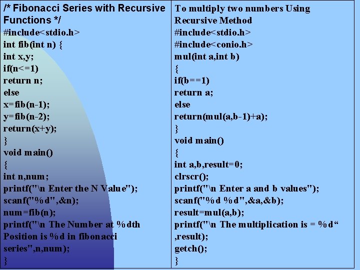 /* Fibonacci Series with Recursive Functions */ #include<stdio. h> int fib(int n) { int