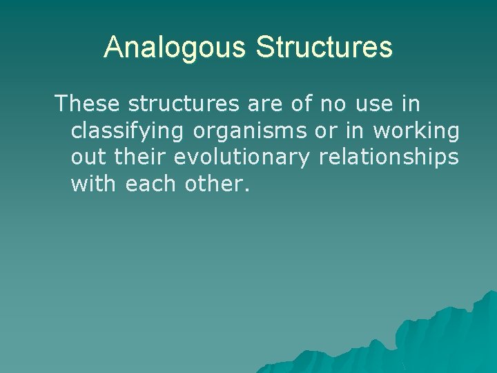 Analogous Structures These structures are of no use in classifying organisms or in working