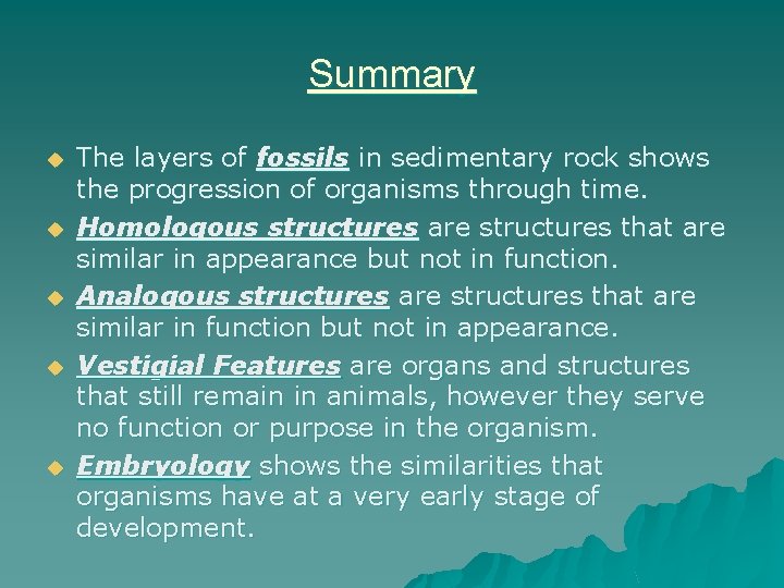 Summary u u u The layers of fossils in sedimentary rock shows the progression