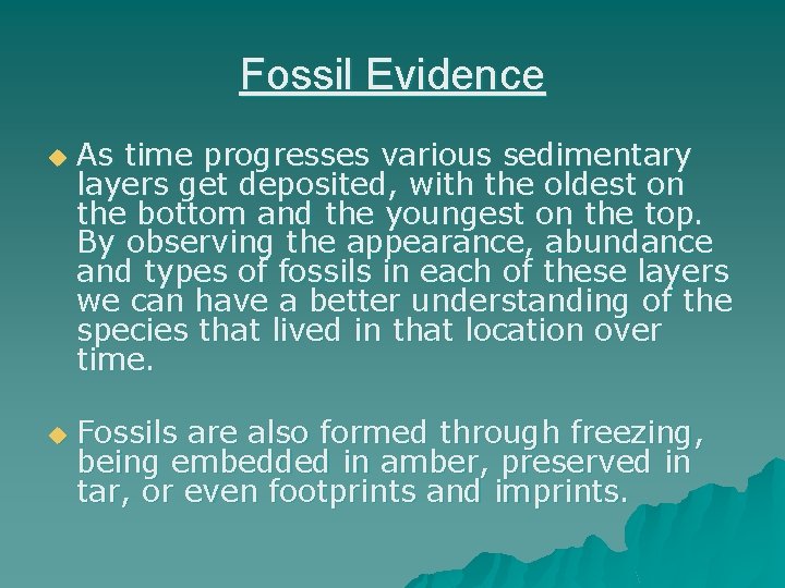 Fossil Evidence u u As time progresses various sedimentary layers get deposited, with the