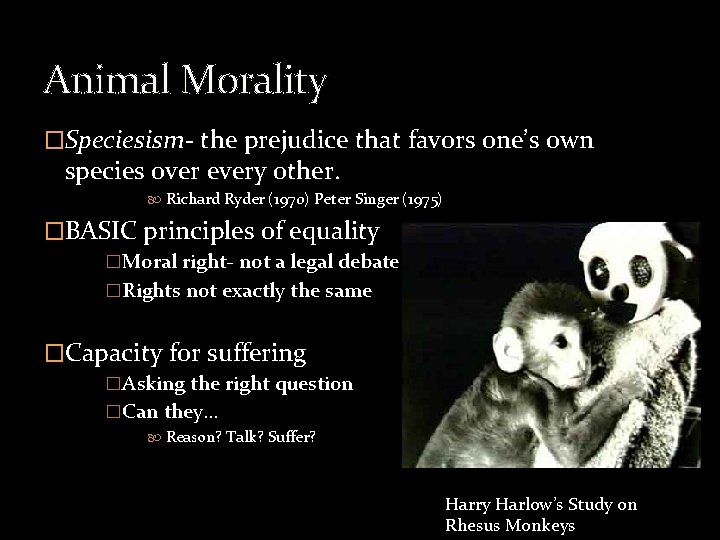 Animal Morality �Speciesism- the prejudice that favors one’s own species over every other. Richard