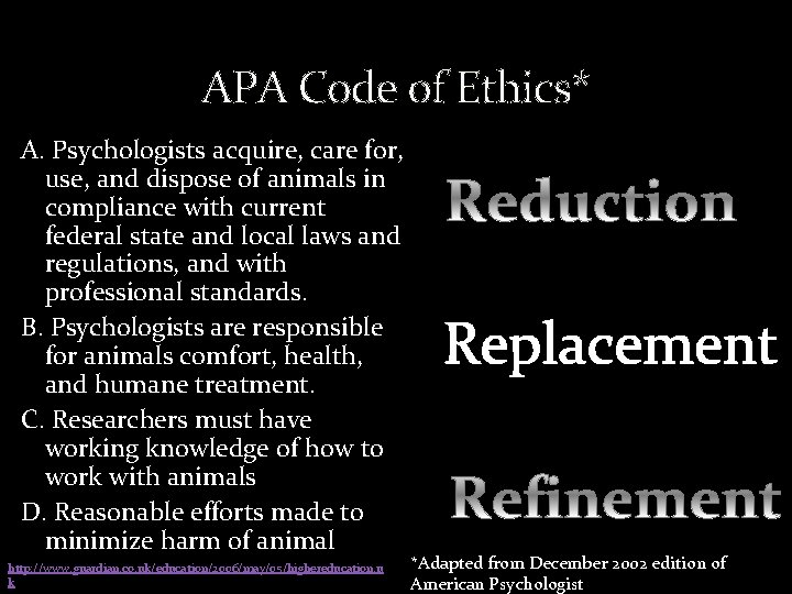 APA Code of Ethics* A. Psychologists acquire, care for, use, and dispose of animals