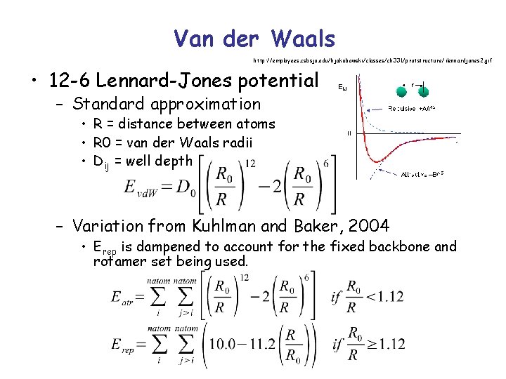Van der Waals http: //employees. csbsju. edu/hjakubowski/classes/ch 331/protstructure/ilennardjones 2. gif • 12 -6 Lennard-Jones