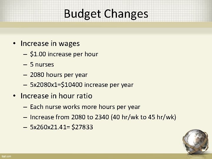 Budget Changes • Increase in wages – – $1. 00 increase per hour 5