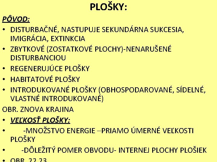 PLOŠKY: PÔVOD: • DISTURBAČNÉ, NASTUPUJE SEKUNDÁRNA SUKCESIA, IMIGRÁCIA, EXTINKCIA • ZBYTKOVÉ (ZOSTATKOVÉ PLOCHY)-NENARUŠENÉ DISTURBANCIOU