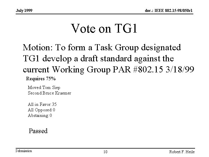 July 1999 doc. : IEEE 802. 15 -98/050 r 1 Vote on TG 1 July 1999 doc. : IEEE 802. 15 -98/050 r 1 Vote on TG 1