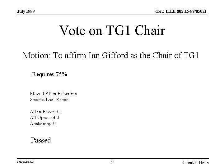 July 1999 doc. : IEEE 802. 15 -98/050 r 1 Vote on TG 1