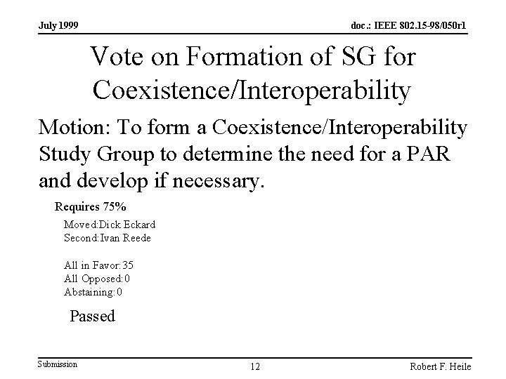 July 1999 doc. : IEEE 802. 15 -98/050 r 1 Vote on Formation of