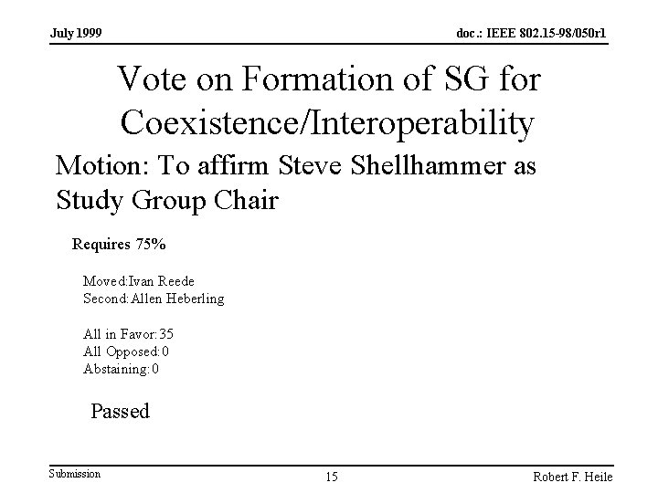 July 1999 doc. : IEEE 802. 15 -98/050 r 1 Vote on Formation of