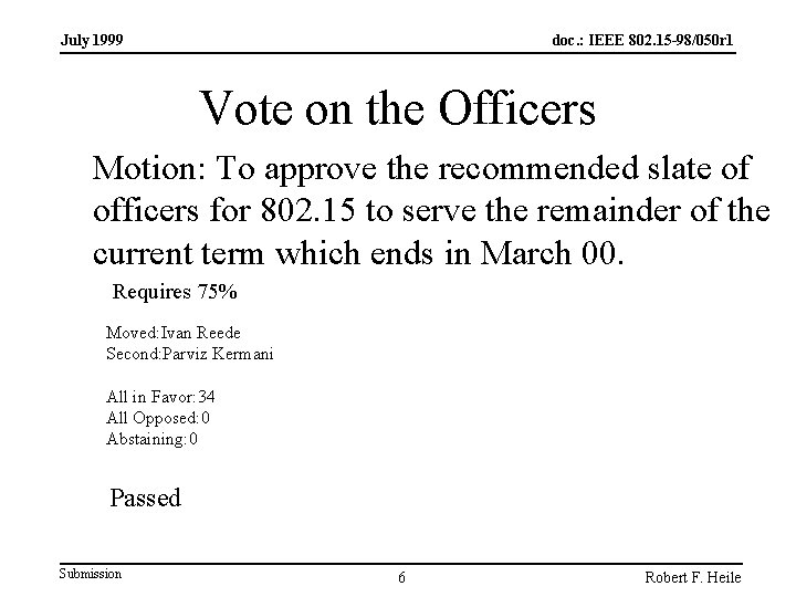 July 1999 doc. : IEEE 802. 15 -98/050 r 1 Vote on the Officers
