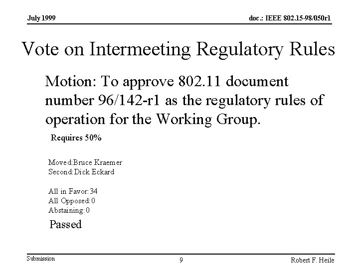 July 1999 doc. : IEEE 802. 15 -98/050 r 1 Vote on Intermeeting Regulatory