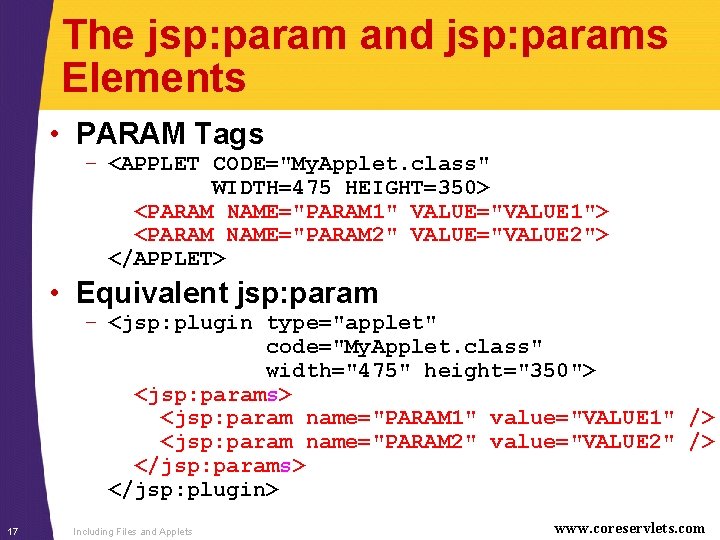 The jsp: param and jsp: params Elements • PARAM Tags – <APPLET CODE="My. Applet.