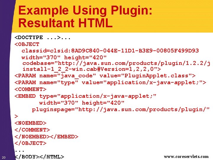 Example Using Plugin: Resultant HTML 20 <DOCTYPE. . . >. . . <OBJECT classid=clsid: