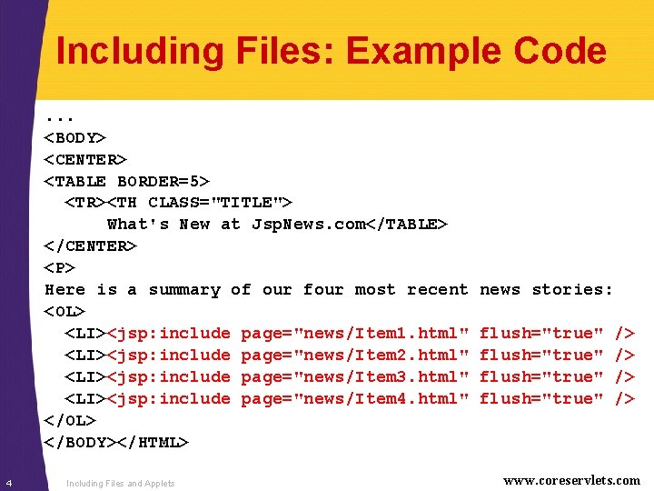 Including Files: Example Code. . . <BODY> <CENTER> <TABLE BORDER=5> <TR><TH CLASS="TITLE"> What's New