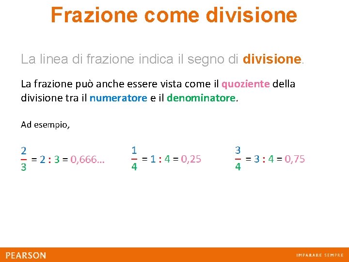 Frazione come divisione La linea di frazione indica il segno di divisione. La frazione