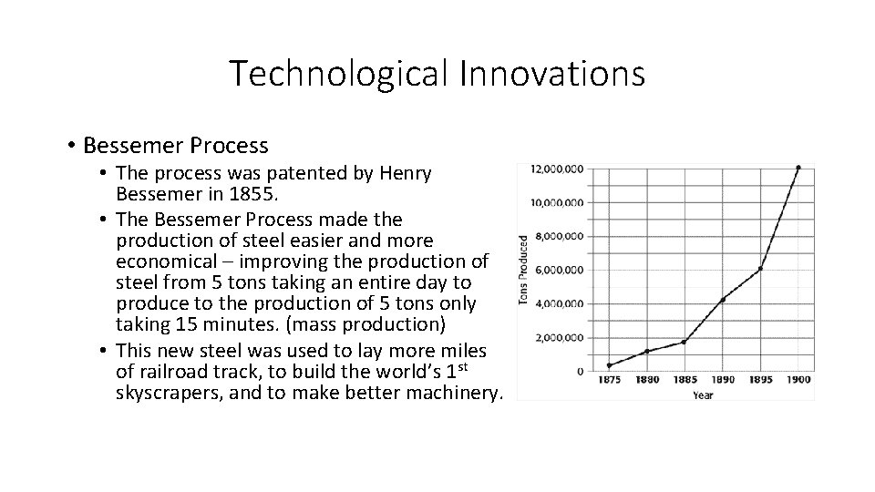 Technological Innovations • Bessemer Process • The process was patented by Henry Bessemer in