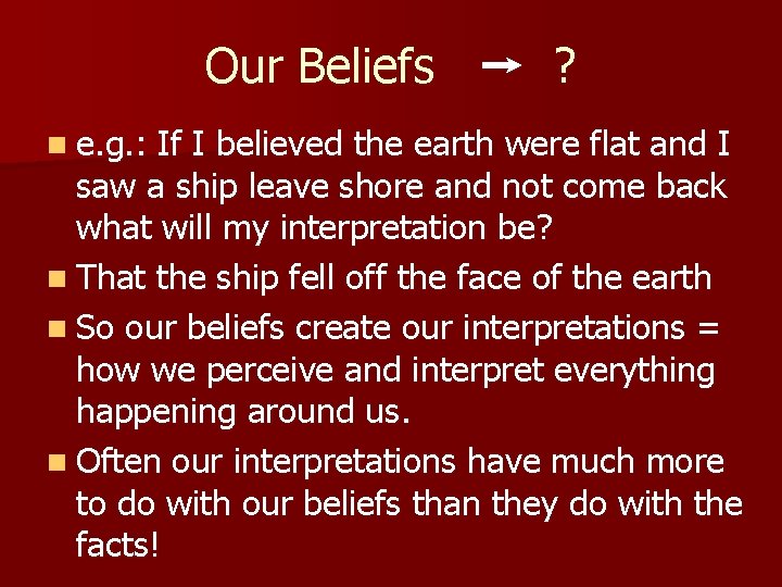 Our Beliefs n e. g. : ? If I believed the earth were flat