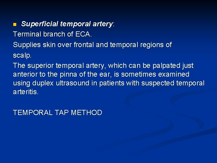 Superficial temporal artery: Terminal branch of ECA. Supplies skin over frontal and temporal regions