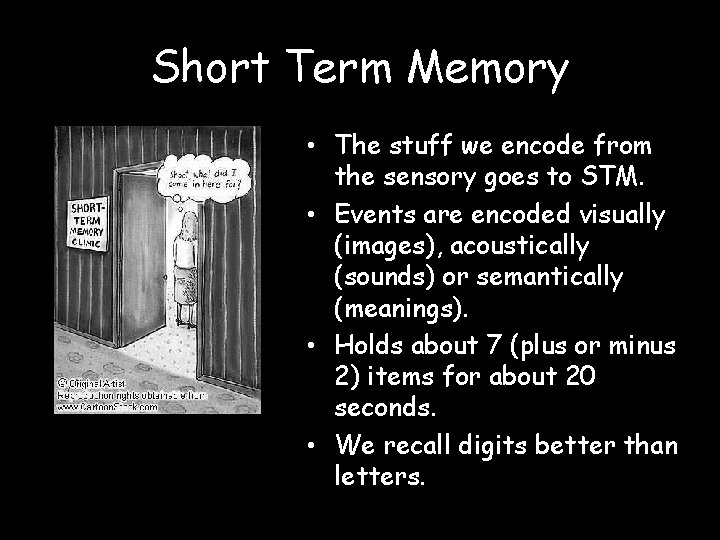 Short Term Memory • The stuff we encode from the sensory goes to STM.