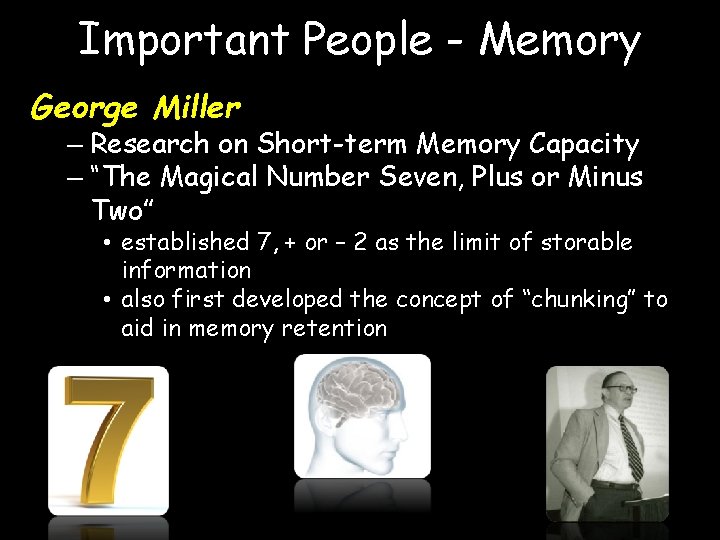 Important People - Memory George Miller – Research on Short-term Memory Capacity – “The