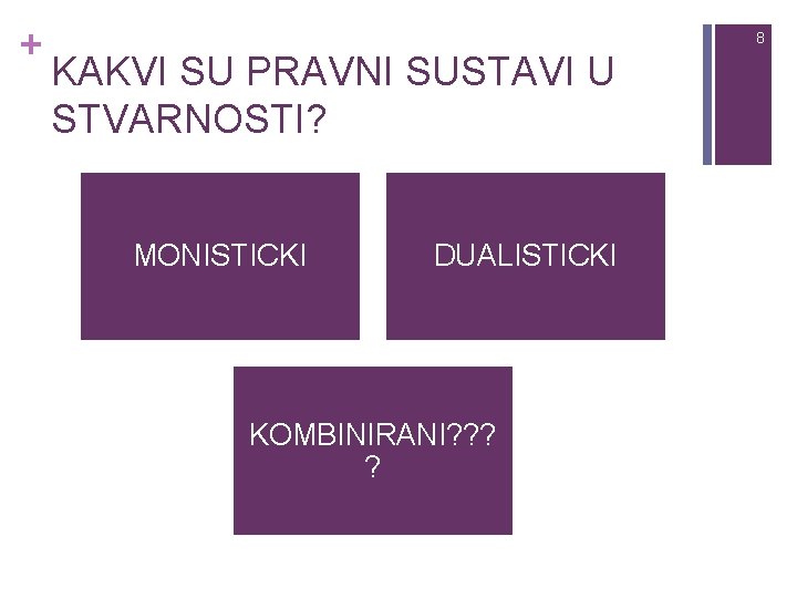 + 8 KAKVI SU PRAVNI SUSTAVI U STVARNOSTI? MONISTICKI DUALISTICKI KOMBINIRANI? ? 