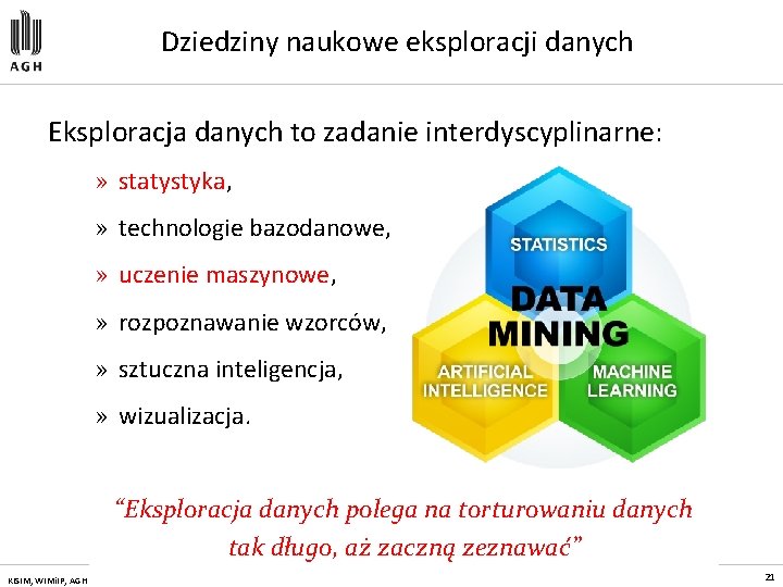 Dziedziny naukowe eksploracji danych Eksploracja danych to zadanie interdyscyplinarne: » statystyka, » technologie bazodanowe,