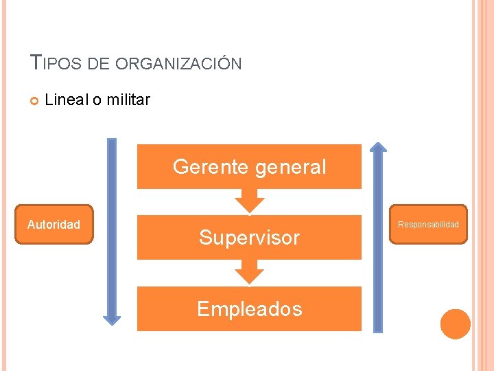 TIPOS DE ORGANIZACIÓN Lineal o militar Gerente general Autoridad Supervisor Empleados Responsabilidad 