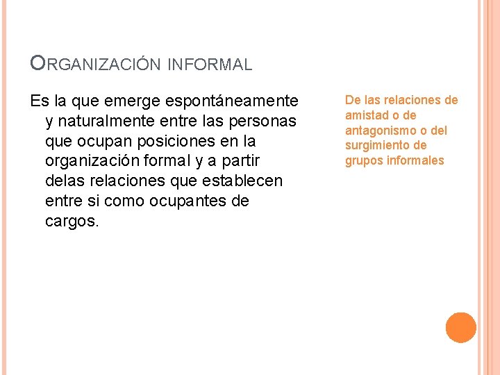 ORGANIZACIÓN INFORMAL Es la que emerge espontáneamente y naturalmente entre las personas que ocupan