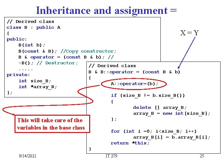 Inheritance and assignment = // Derived class B : public A { X=Y public: