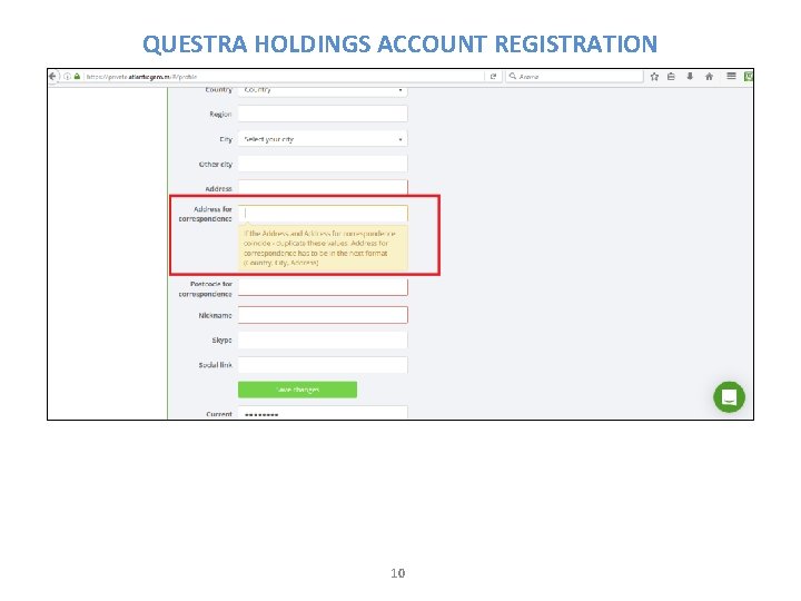 QUESTRA HOLDINGS ACCOUNT REGISTRATION 10 