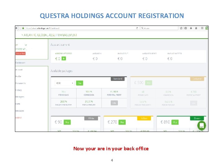 QUESTRA HOLDINGS ACCOUNT REGISTRATION Now your are in your back office 4 