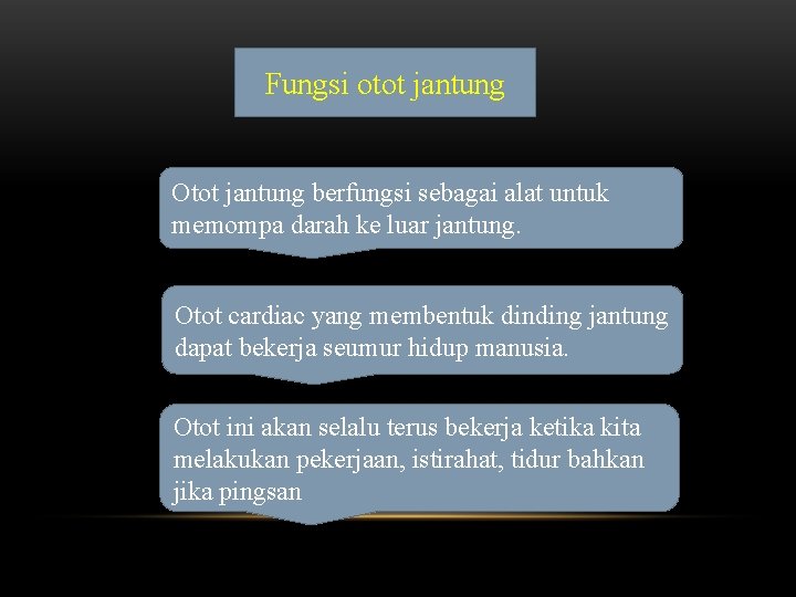 Fungsi otot jantung Otot jantung berfungsi sebagai alat untuk memompa darah ke luar jantung.