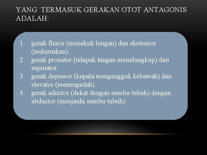 YANG TERMASUK GERAKAN OTOT ANTAGONIS ADALAH: 1. gerak flexor (menekuk lengan) dan ekstensor (meluruskan).