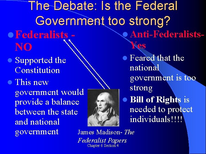 The Debate: Is the Federal Government too strong? l Federalists NO - l Anti-Federalists-