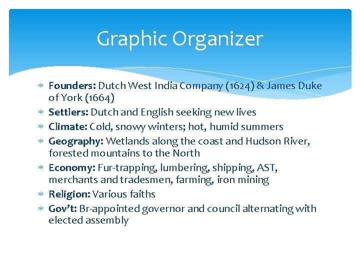 Graphic Organizer Founders: Dutch West India Company (1624) & James Duke of York (1664)