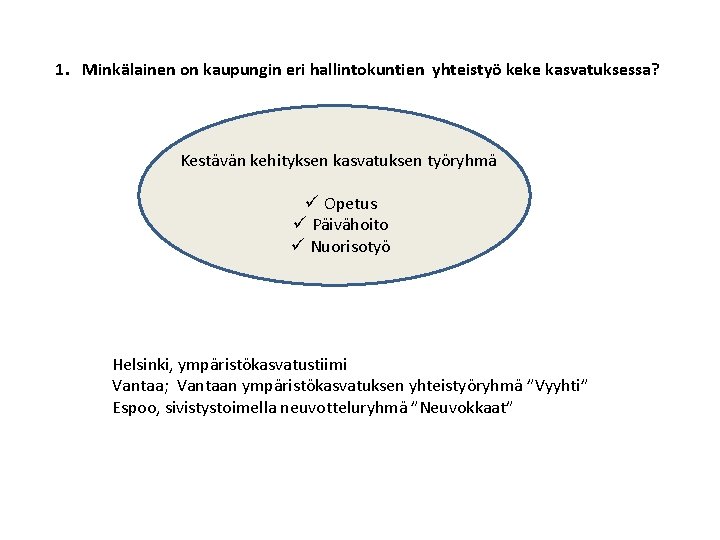 1. Minkälainen on kaupungin eri hallintokuntien yhteistyö keke kasvatuksessa? Kestävän kehityksen kasvatuksen työryhmä ü