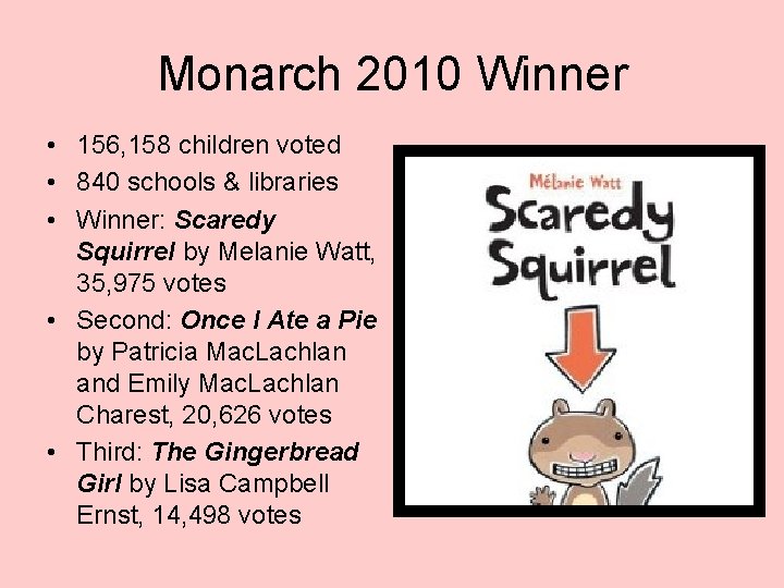 Monarch 2010 Winner • 156, 158 children voted • 840 schools & libraries •