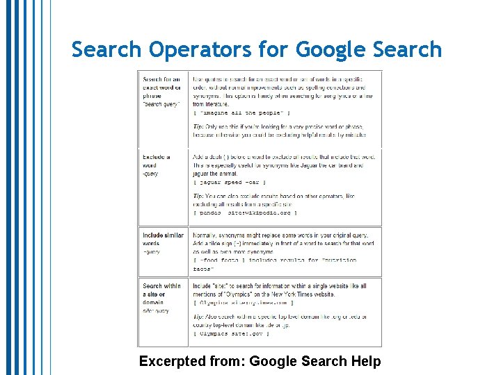 Search Operators for Google Search Excerpted from: Google Search Help Search Operators for Google Search Excerpted from: Google Search Help