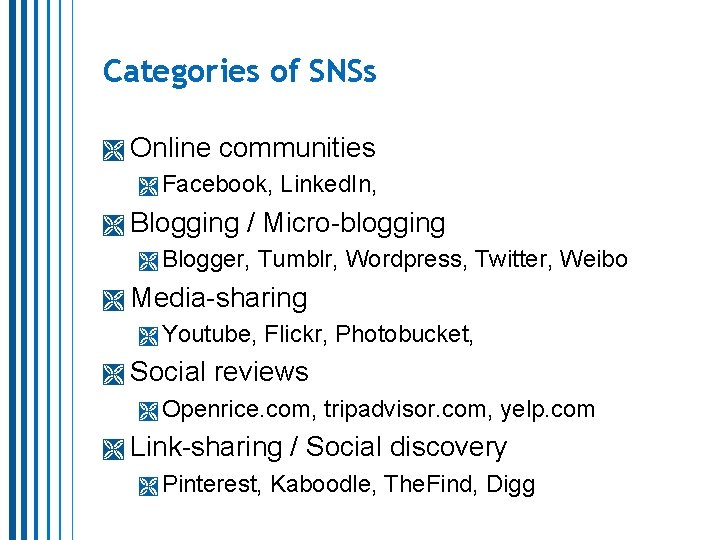 Categories of SNSs Online communities Facebook, Blogging Linked. In, / Micro-blogging Blogger, Tumblr, Wordpress, Categories of SNSs Online communities Facebook, Blogging Linked. In, / Micro-blogging Blogger, Tumblr, Wordpress,