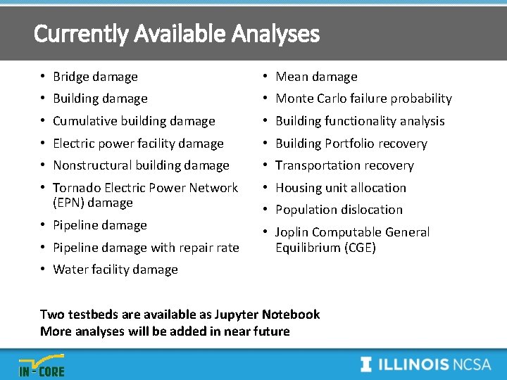 Currently Available Analyses • Bridge damage • Mean damage • Building damage • Monte