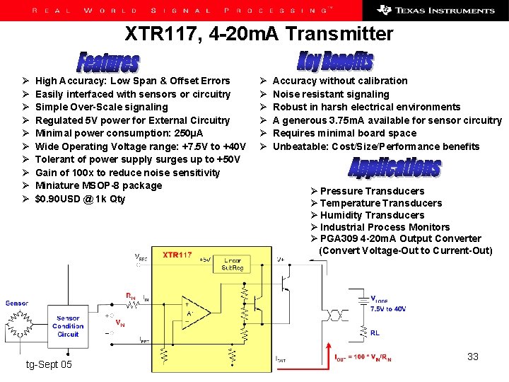 XTR 117, 4 -20 m. A Transmitter Ø Ø Ø Ø Ø High Accuracy: