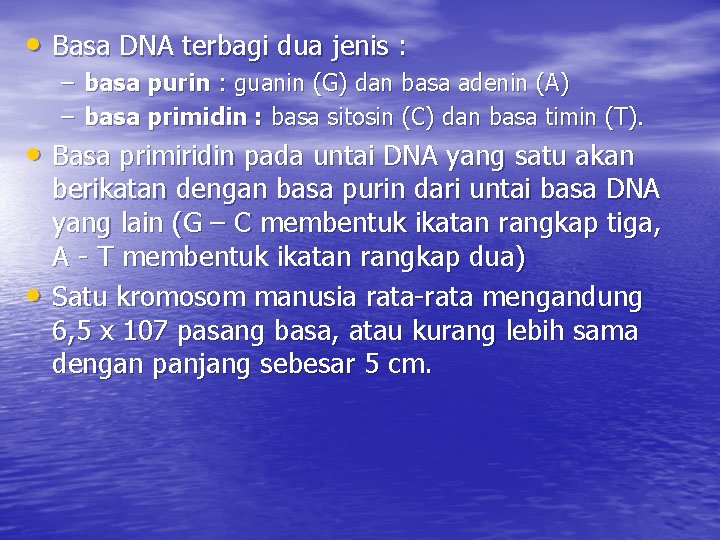  • Basa DNA terbagi dua jenis : – basa purin : guanin (G)