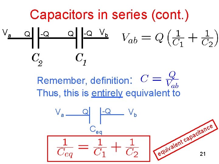 Capacitors in series (cont. ) Va Q Q -Q -Q Vb Remember, definition: Thus,