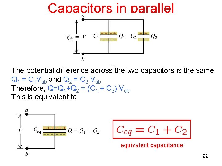 Capacitors in parallel The potential difference across the two capacitors is the same Q