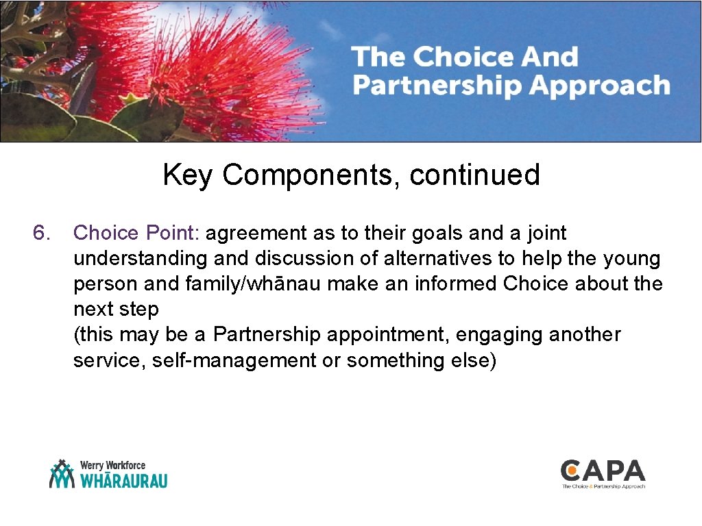 Key Components, continued 6. Choice Point: agreement as to their goals and a joint